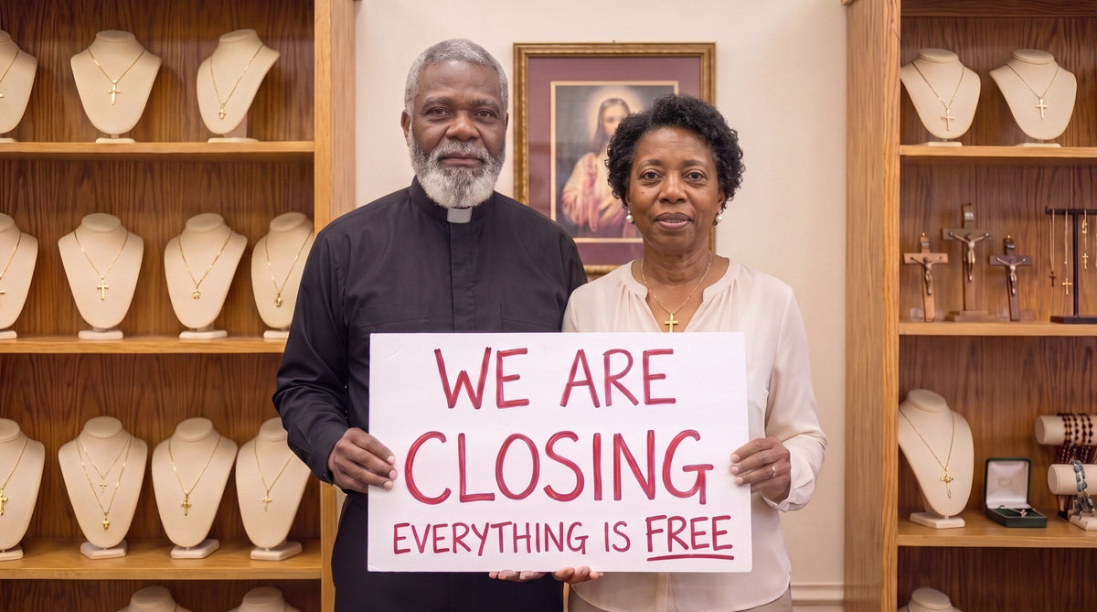 Pastor Willie and Mrs. Johnson holding a sign that reads We Are Closing, Everything Is Free
