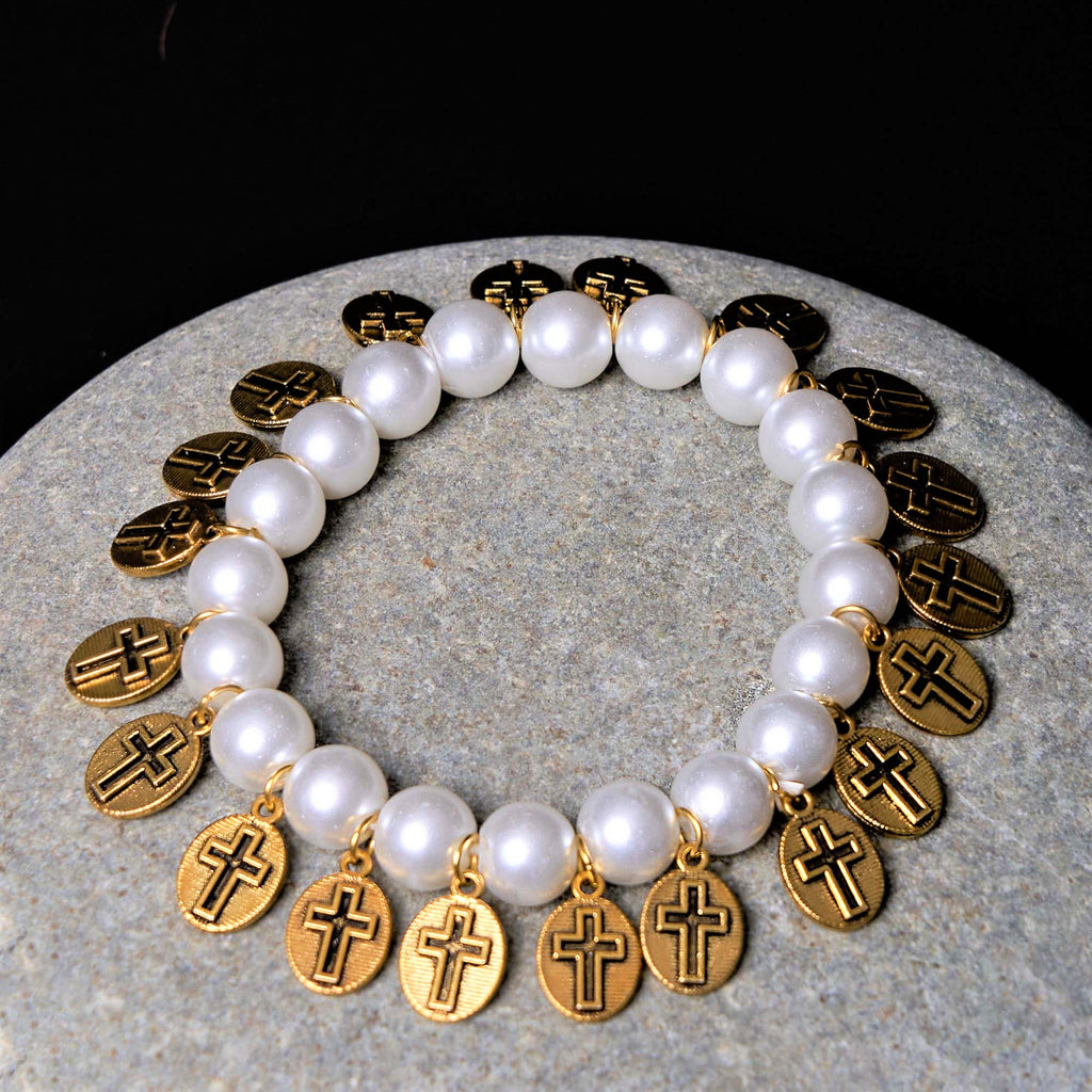 Retro Style Saint Jesus Mary Medals Cross Pearl Bracelet