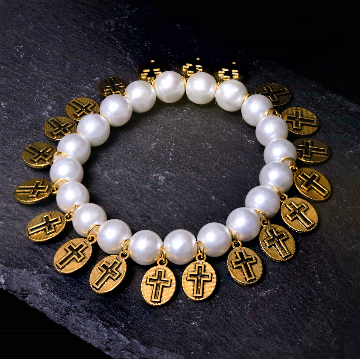 Retro Style Saint Jesus Mary Medals Cross Pearl Bracelet