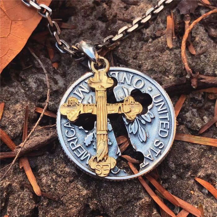 Vintage Double-sided Cross Coin Pendant Necklace