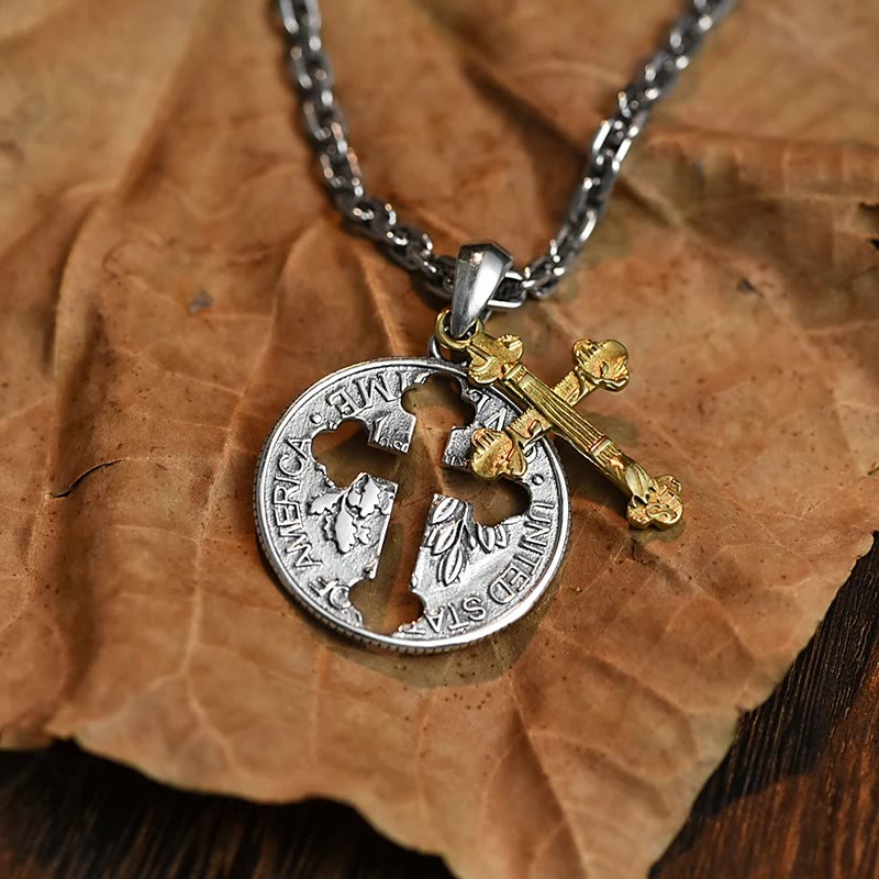 Vintage Double-sided Cross Coin Pendant Necklace