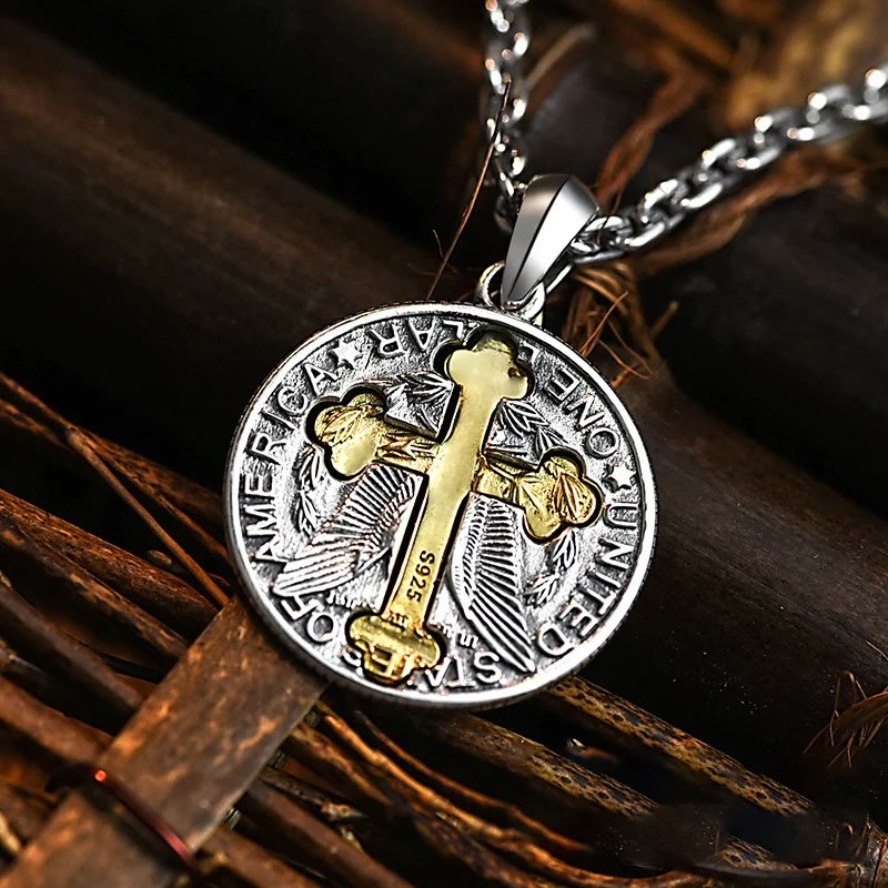 Vintage Double-sided Cross Coin Pendant Necklace