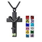 12 Months Birthstone Double Cross Ashes Urn Pendant Necklace