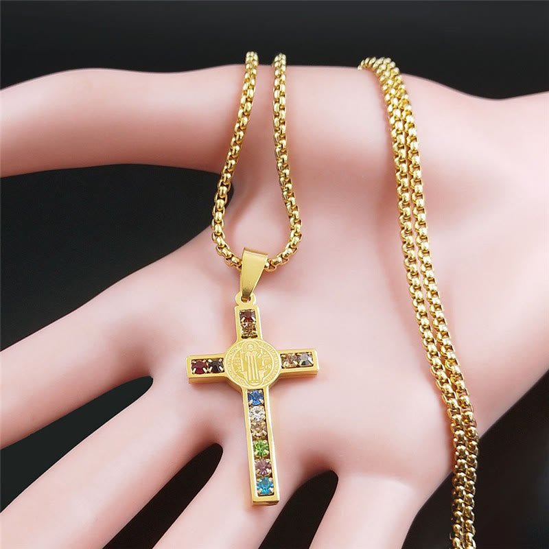 Saint Benedict Cross Mix Bible 12 Crystal Necklace