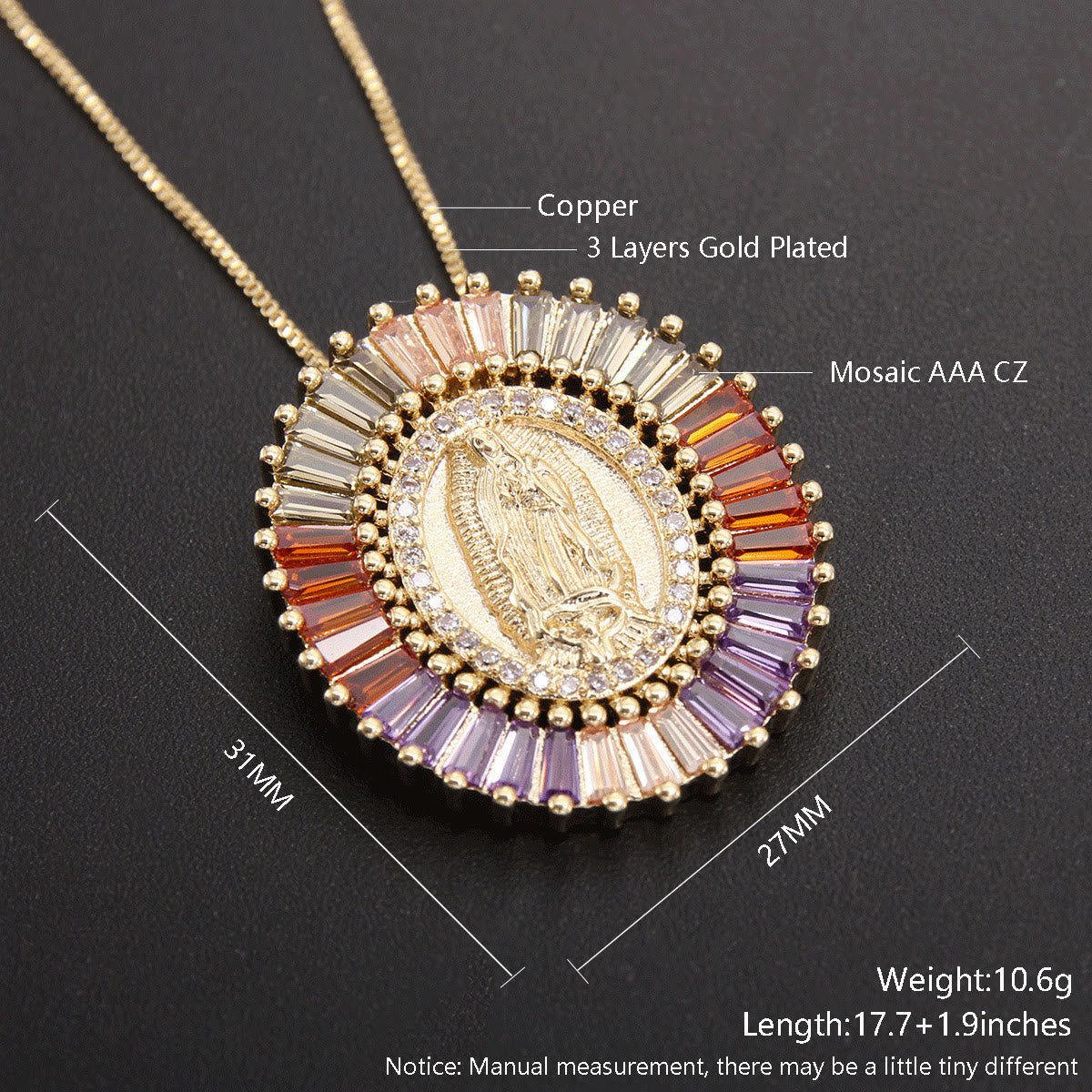 Our Lady of Guadalupe Zirconia Amulet Pendant Necklace