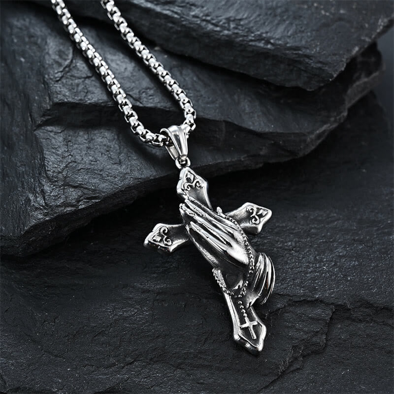 Praying Hands Cross Stainless Steel Pendant Necklace
