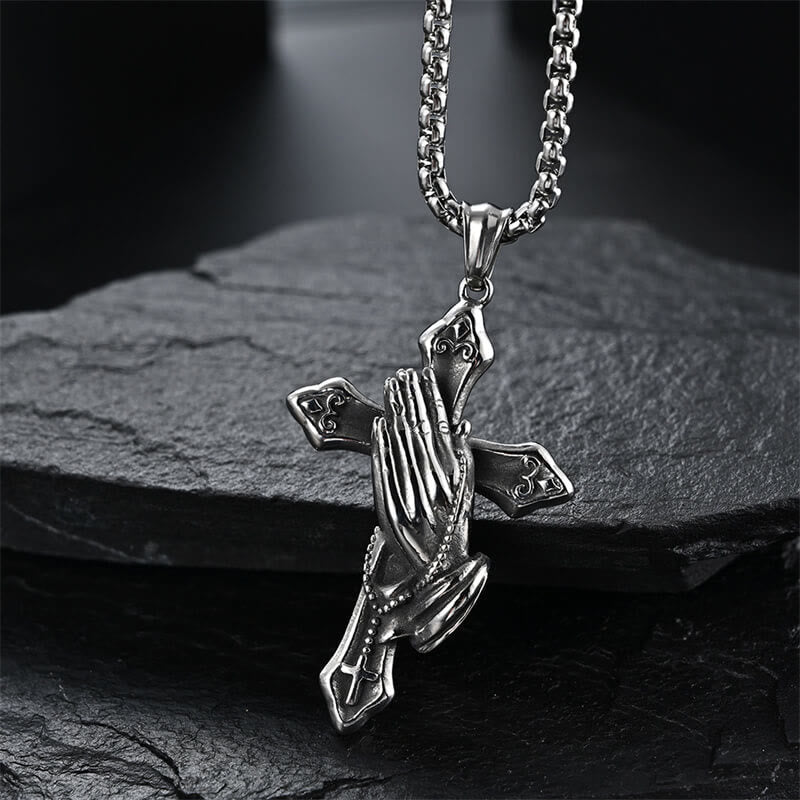 Praying Hands Cross Stainless Steel Pendant Necklace