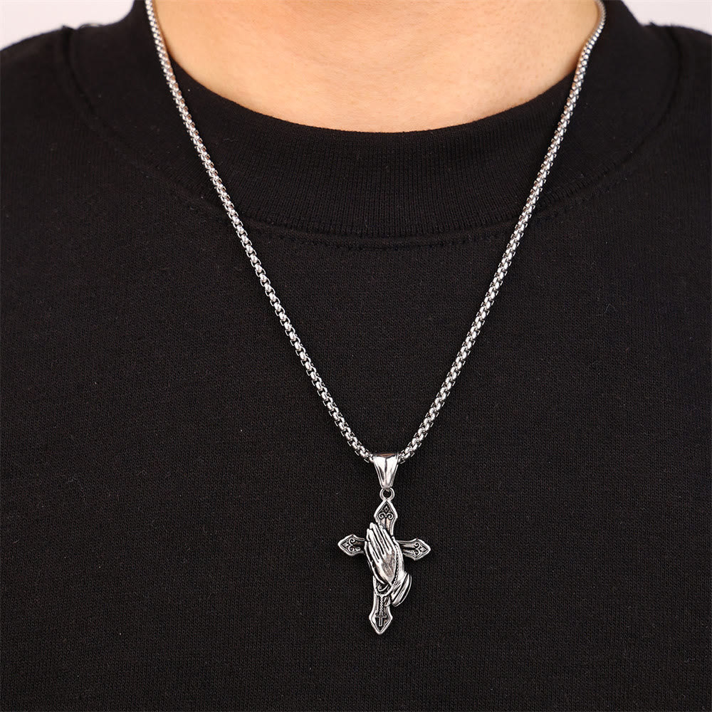 Praying Hands Cross Stainless Steel Pendant Necklace