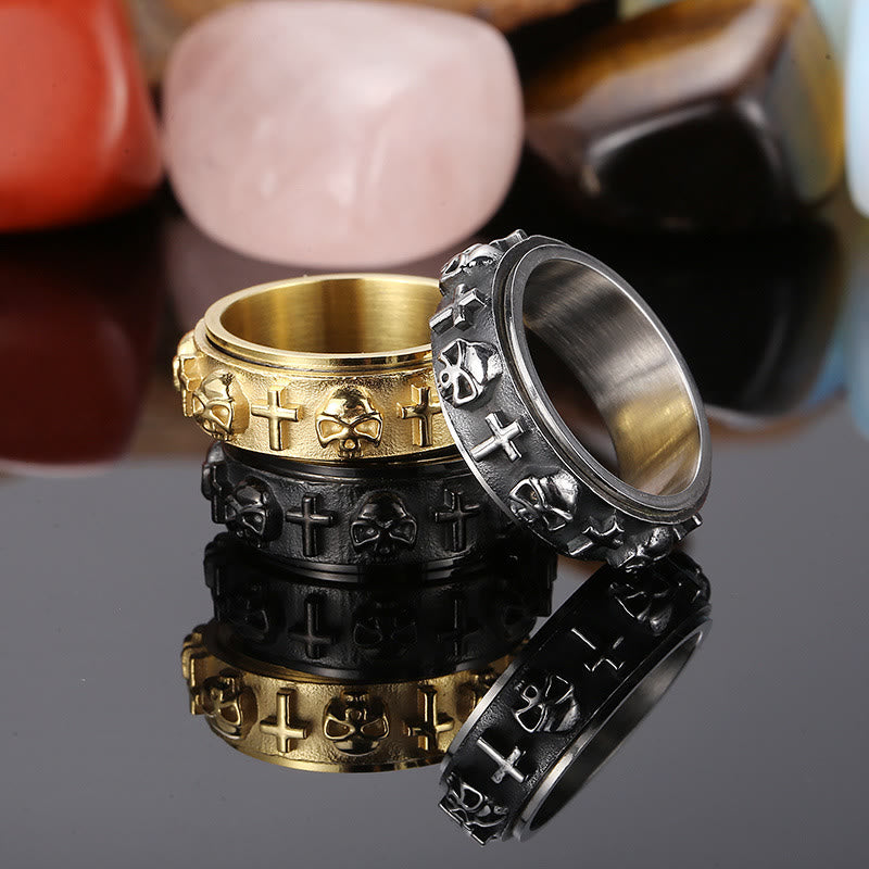 Rotatable Skull Head Cross Religion Ring
