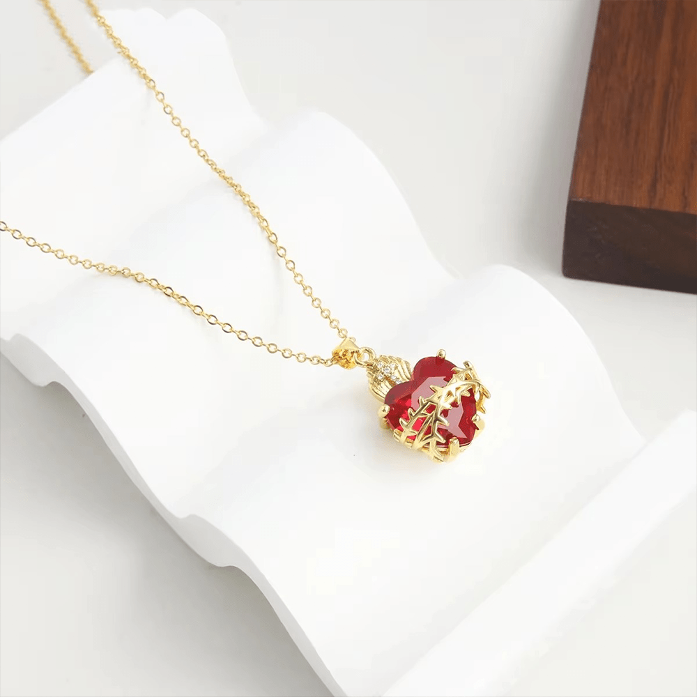 Modern Style Crafted Red Gemstones Sacred Heart of Jesus Pendant