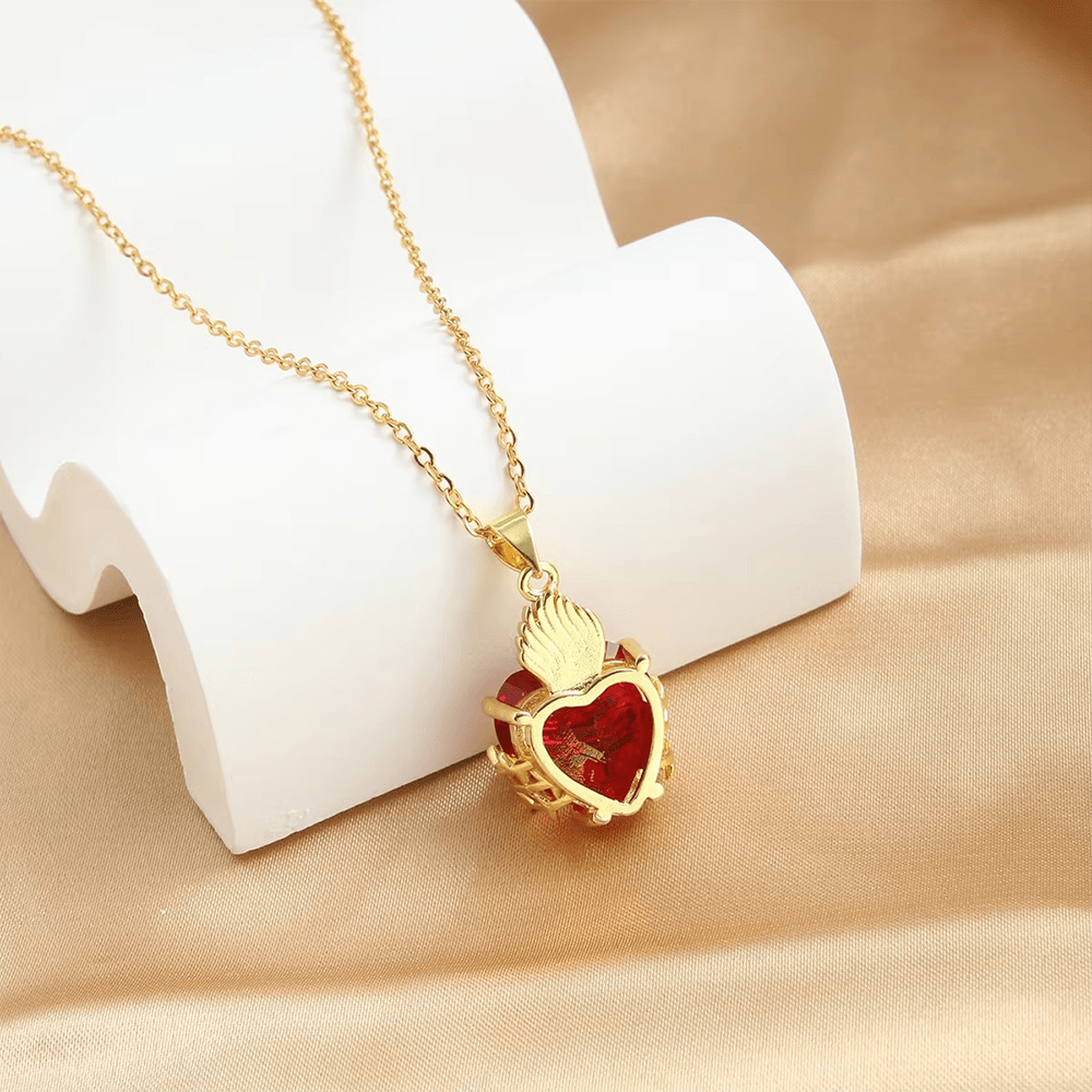 Modern Style Crafted Red Gemstones Sacred Heart of Jesus Pendant