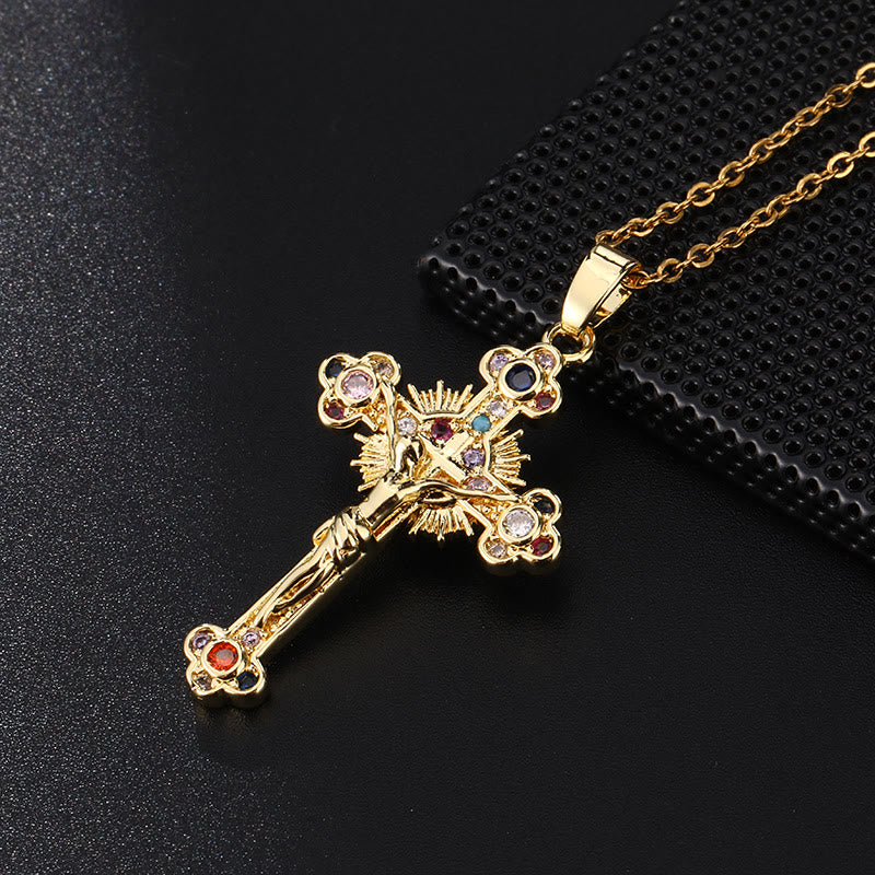 Fresh Pastoral Style Crucifix with Biblical Colorful Gemstones Pendant