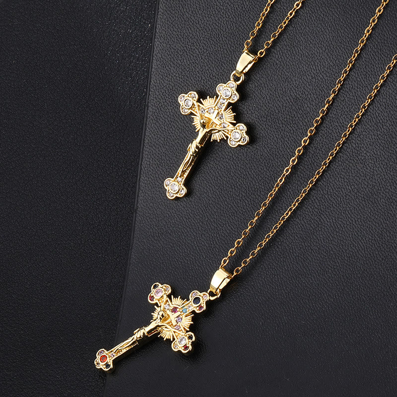 Fresh Pastoral Style Crucifix with Biblical Colorful Gemstones Pendant