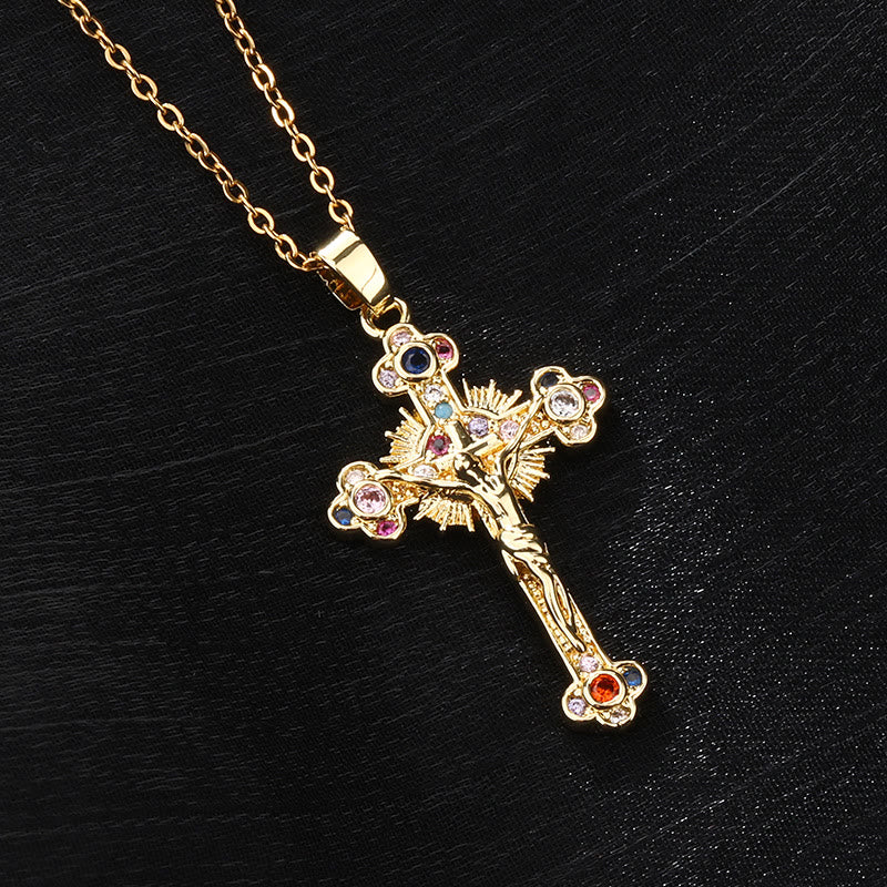 Fresh Pastoral Style Crucifix with Biblical Colorful Gemstones Pendant