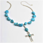 Retro Style Turquoise Natural Stone Cross Pendant Necklace