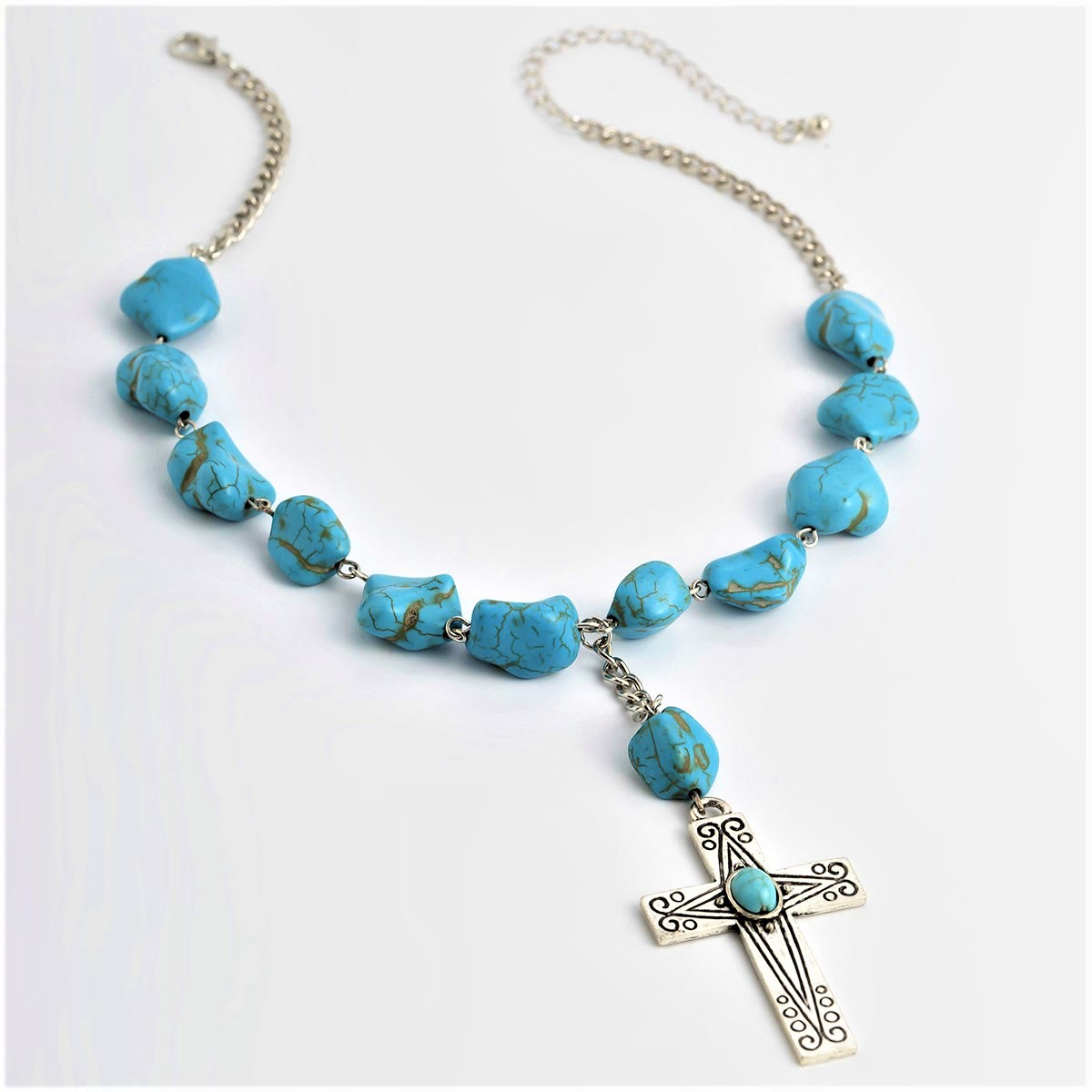 Retro Style Turquoise Natural Stone Cross Pendant Necklace
