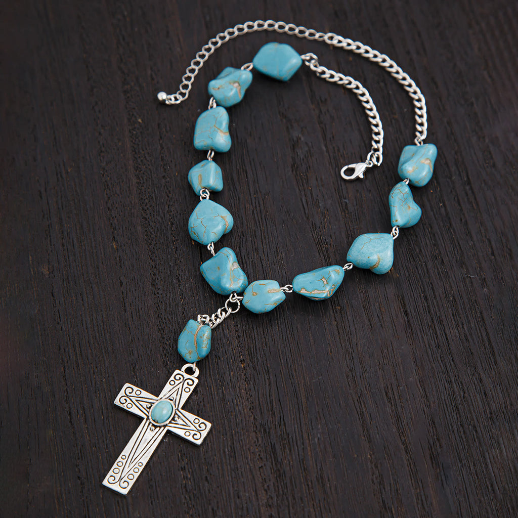Retro Style Turquoise Natural Stone Cross Pendant Necklace