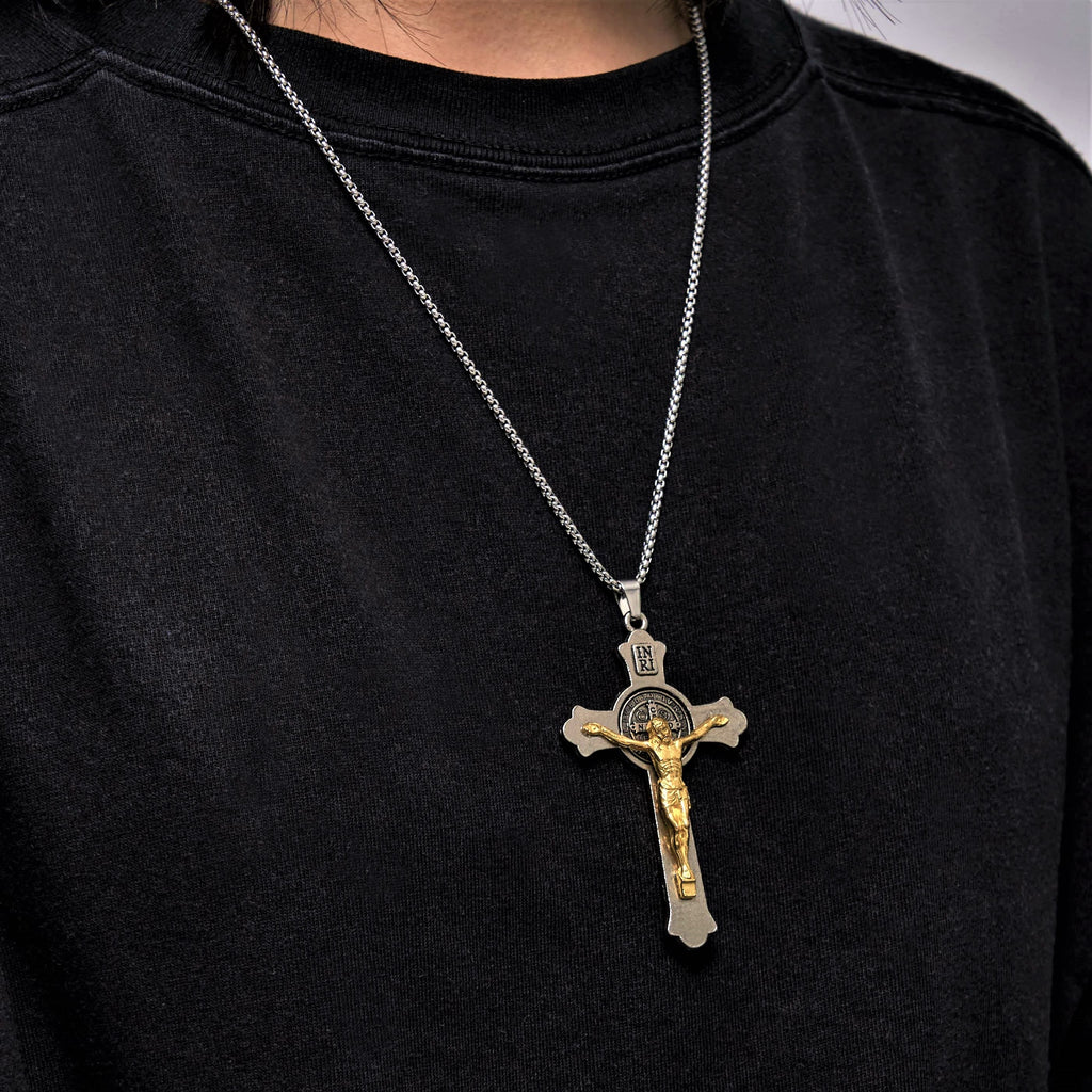 Classic Style St. Benedict Icon Jesus Crucifix Alloy Pendant Necklace