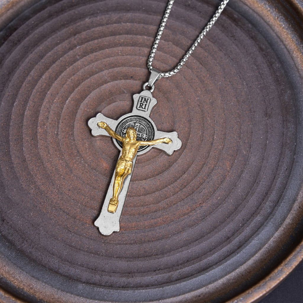 Classic Style St. Benedict Icon Jesus Crucifix Alloy Pendant Necklace