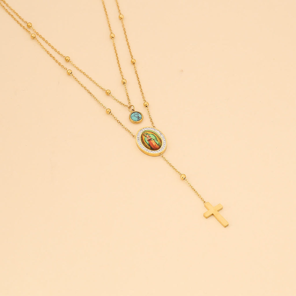 Minimalist Style Double Layered Our Lady of Guadalupe Turquoise Cross