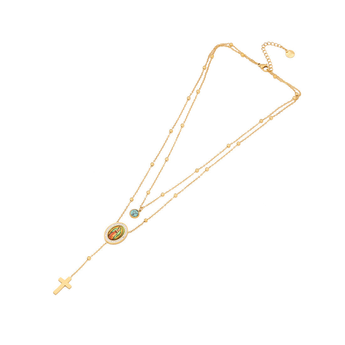 Minimalist Style Double Layered Our Lady of Guadalupe Turquoise Cross