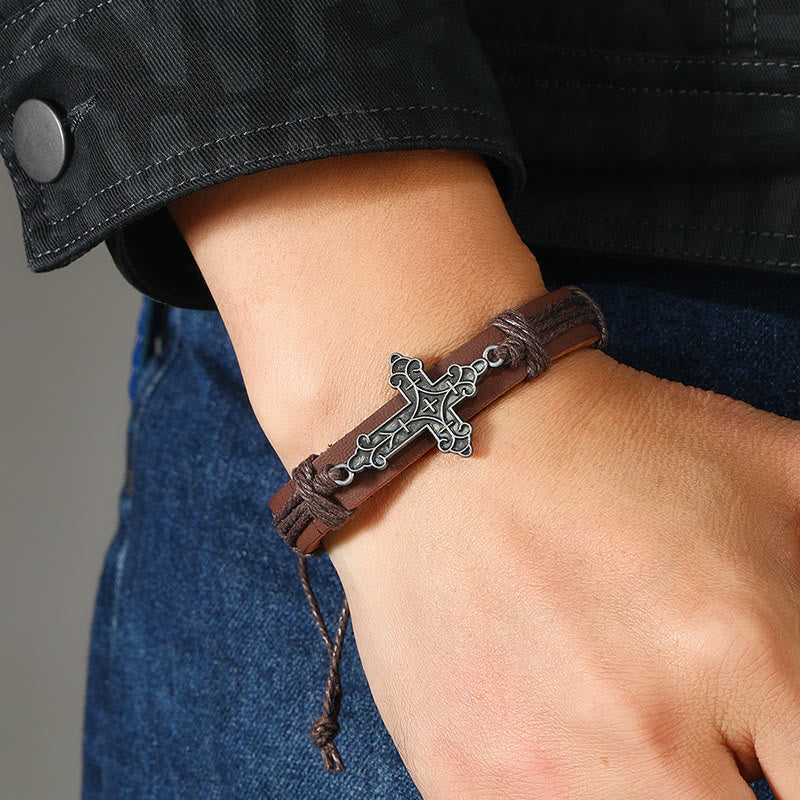 Old Crafted Style Cross Pendant Leather Drawstring Adjustable Faithful