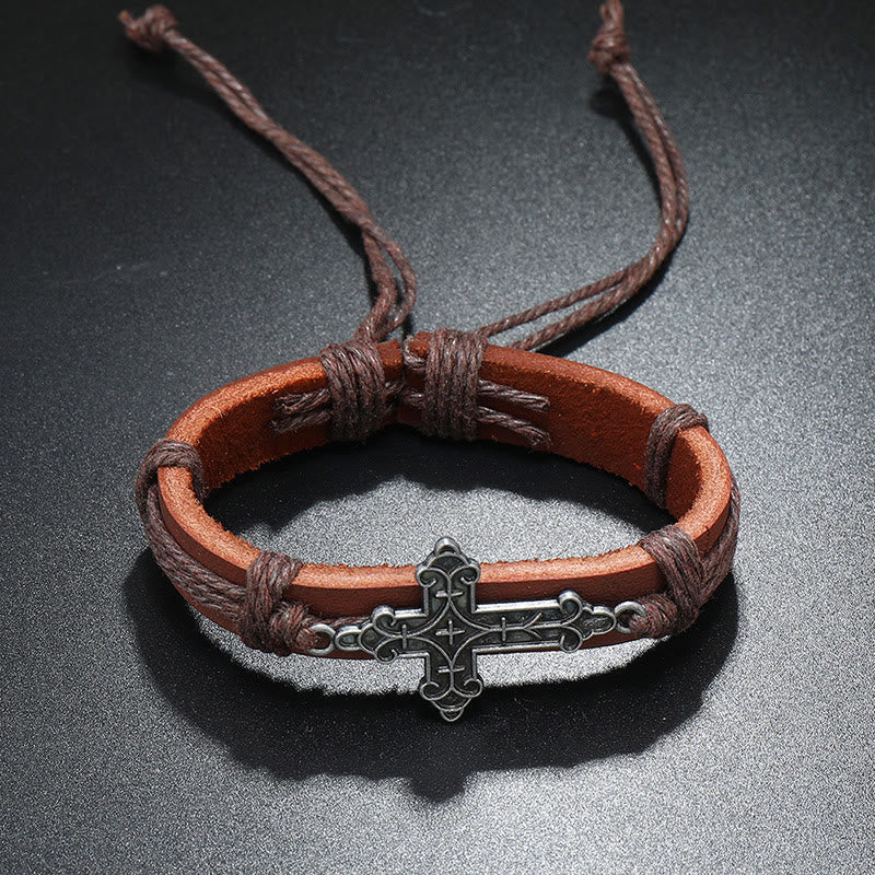 Old Crafted Style Cross Pendant Leather Drawstring Adjustable Faithful