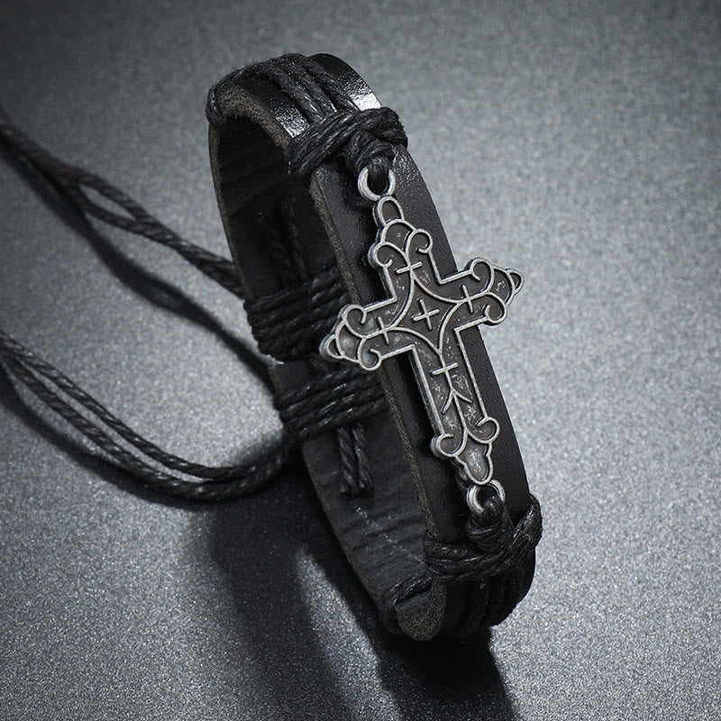 Old Crafted Style Cross Pendant Leather Drawstring Adjustable Faithful
