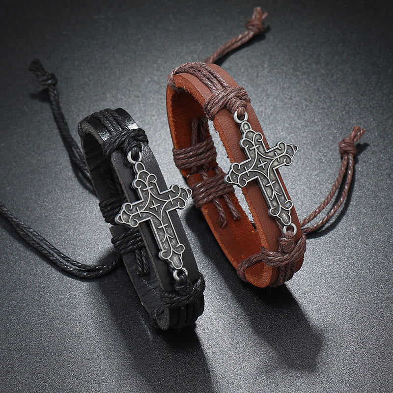 Old Crafted Style Cross Pendant Leather Drawstring Adjustable Faithful