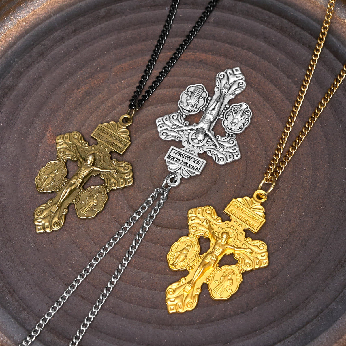 Classic Style 3 Colors Pardon Crucifix Double Sided Engraved Pendant