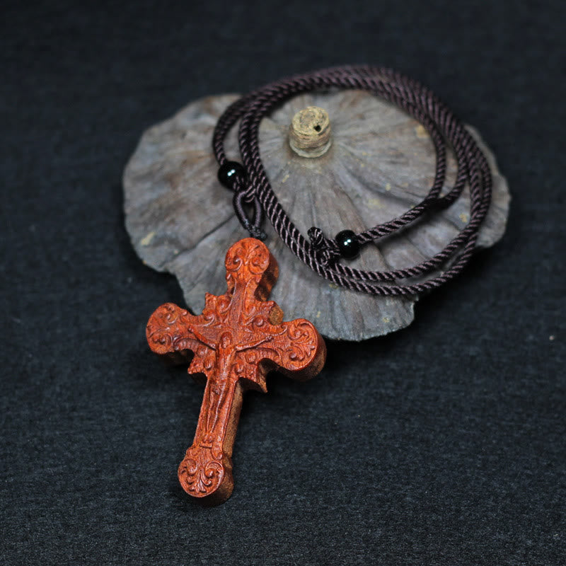 Classic Style Crucifix Sacred Protection Scrollwork Rosewood Pendant