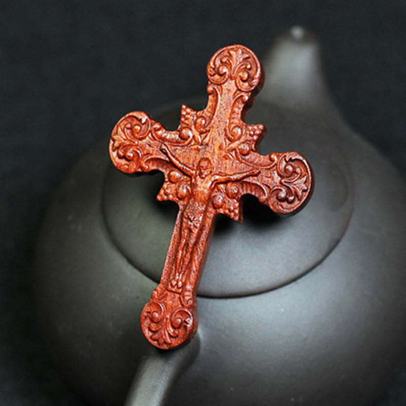 Classic Style Crucifix Sacred Protection Scrollwork Rosewood Pendant