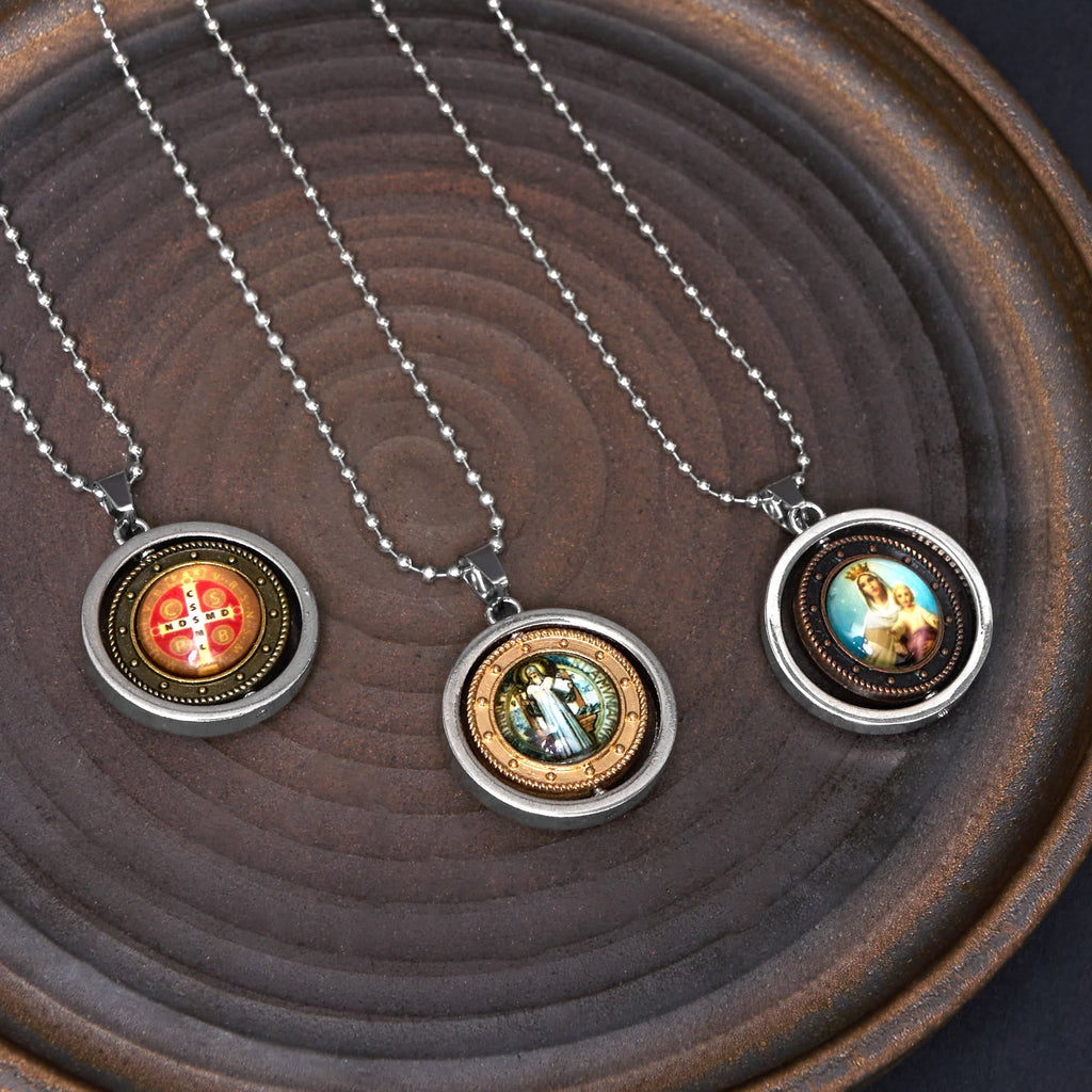 Retro Style Jesus St. Benendict Vrigin Mary Icon Rotating Pendant
