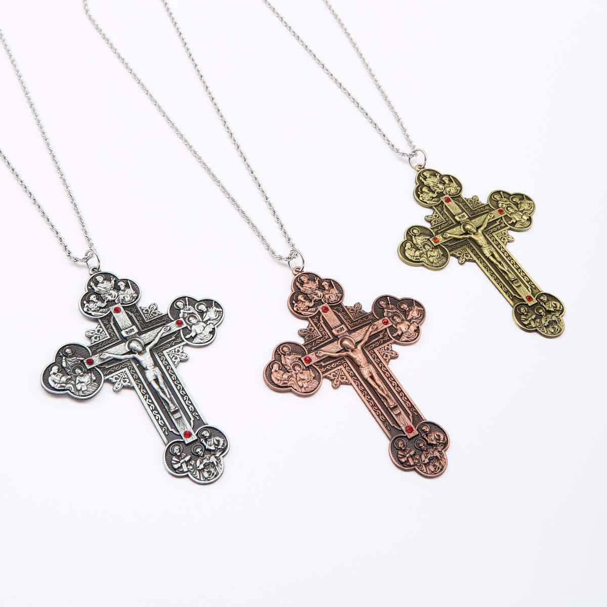 Classic Style Ornate Crucifix with All Saint Iconography & Red Gems
