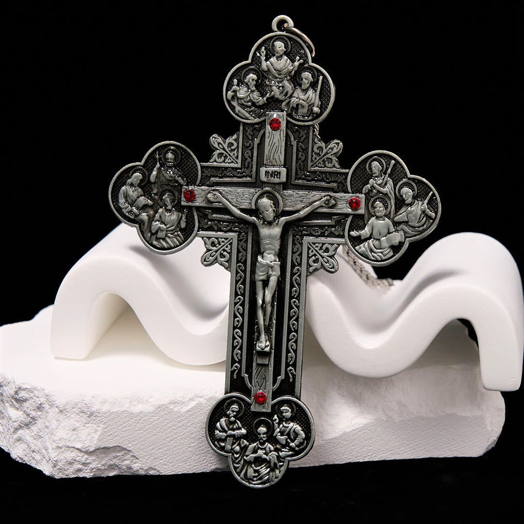 Classic Style Ornate Crucifix with All Saint Iconography & Red Gems