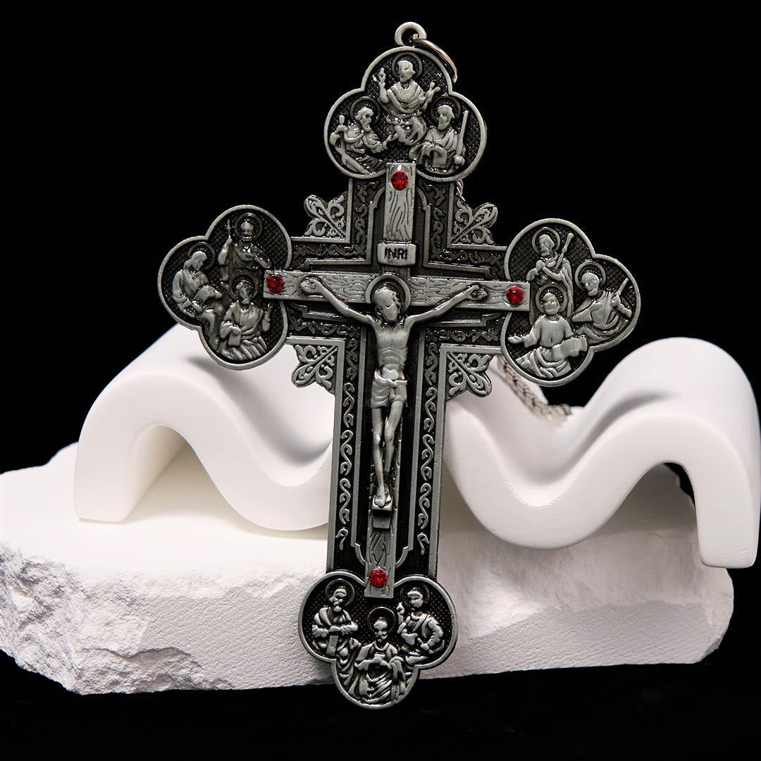Classic Style Ornate Crucifix with All Saint Iconography & Red Gems