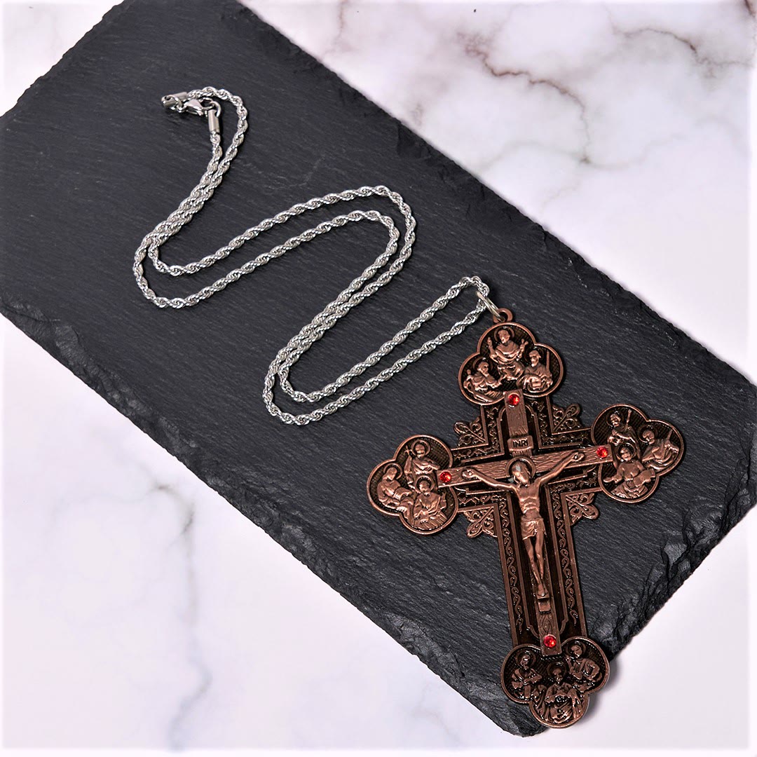Classic Style Ornate Crucifix with All Saint Iconography & Red Gems