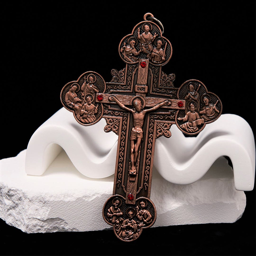 Classic Style Ornate Crucifix with All Saint Iconography & Red Gems