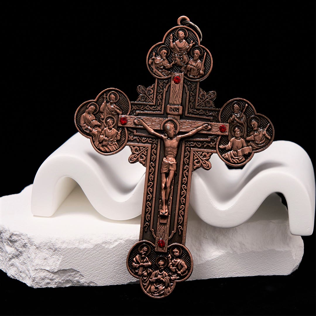 Classic Style Ornate Crucifix with All Saint Iconography & Red Gems