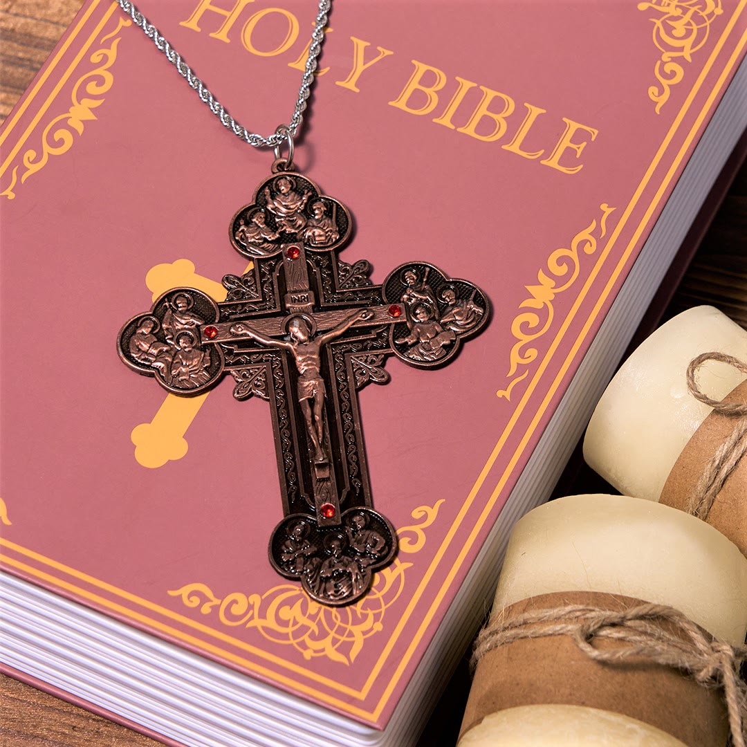 Classic Style Ornate Crucifix with All Saint Iconography & Red Gems