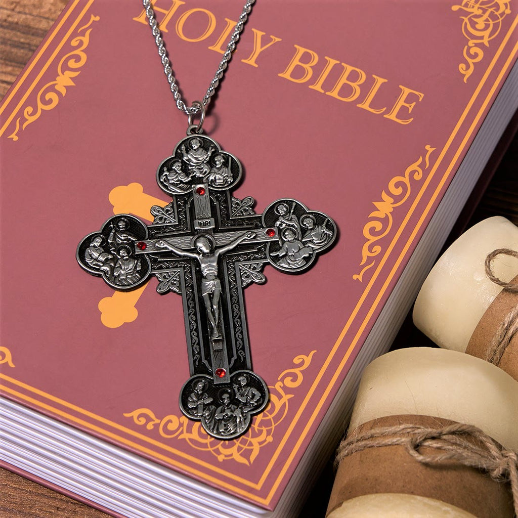 Classic Style Ornate Crucifix with All Saint Iconography & Red Gems