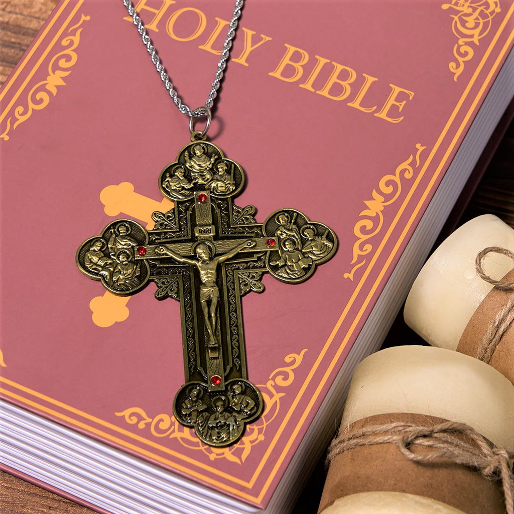 Classic Style Ornate Crucifix with All Saint Iconography & Red Gems