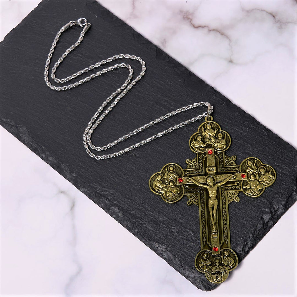 Classic Style Ornate Crucifix with All Saint Iconography & Red Gems