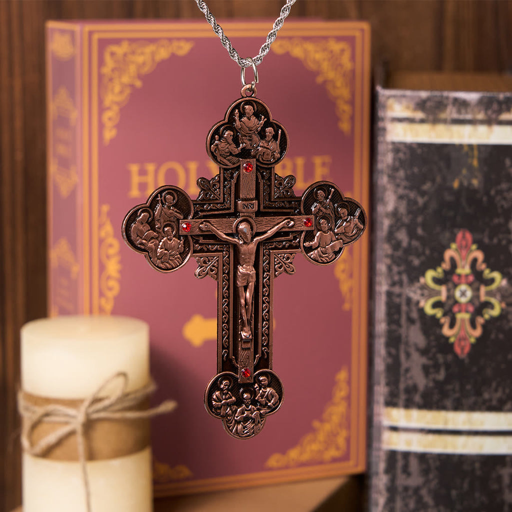 Classic Style Ornate Crucifix with All Saint Iconography & Red Gems