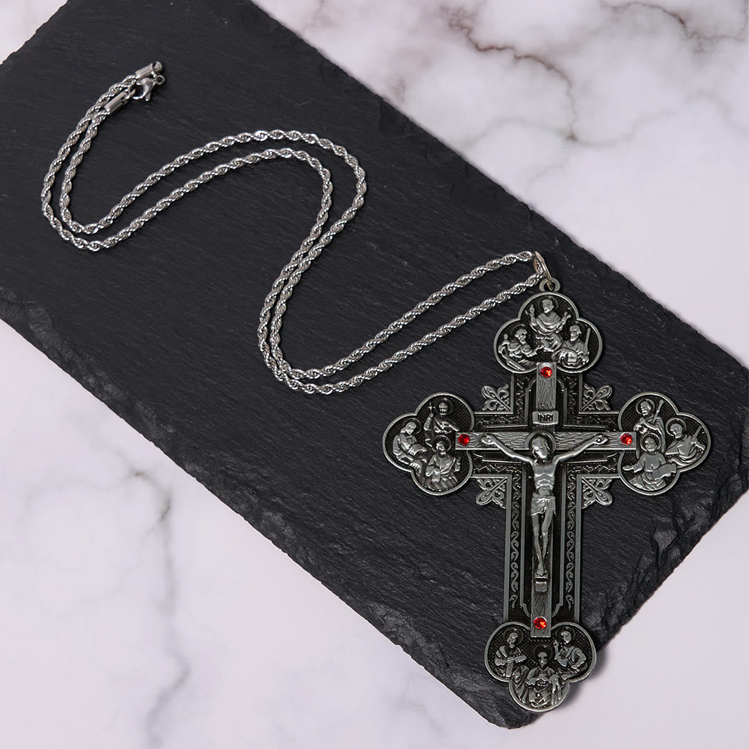 Classic Style Ornate Crucifix with All Saint Iconography & Red Gems
