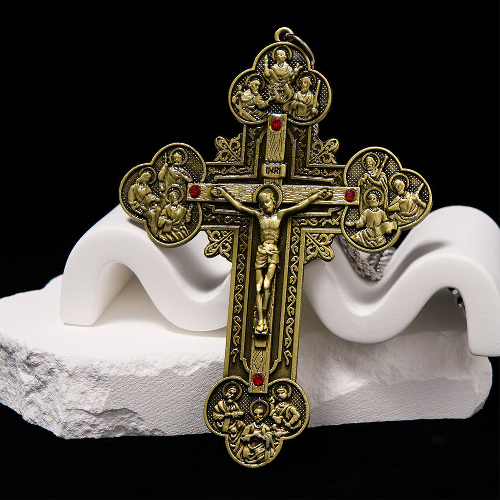 Classic Style Ornate Crucifix with All Saint Iconography & Red Gems
