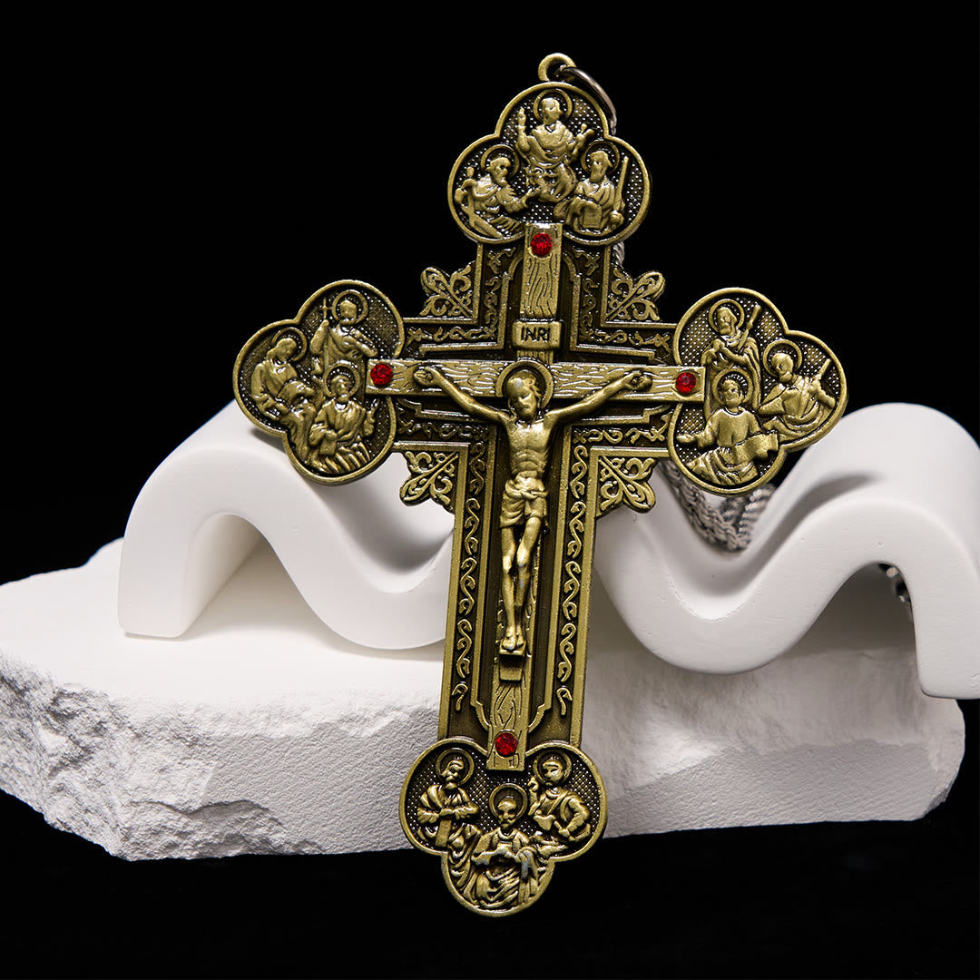 Classic Style Ornate Crucifix with All Saint Iconography & Red Gems