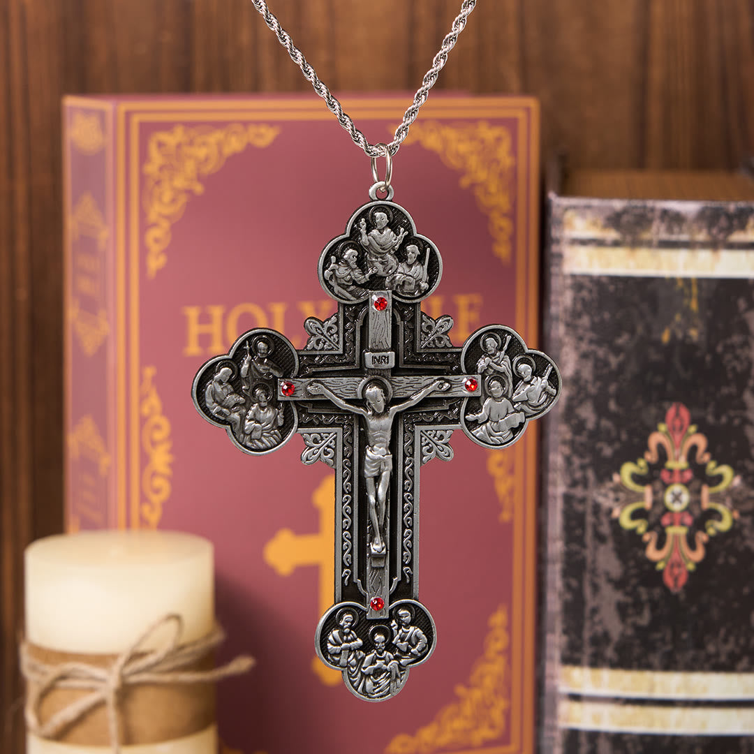 Classic Style Ornate Crucifix with All Saint Iconography & Red Gems