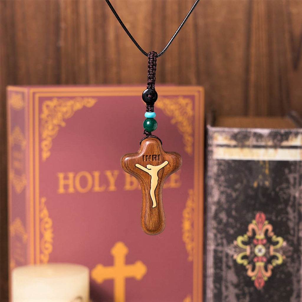 Minimalist Style Sandalwood & Boxwood Jesus Cross Amulet Pendant