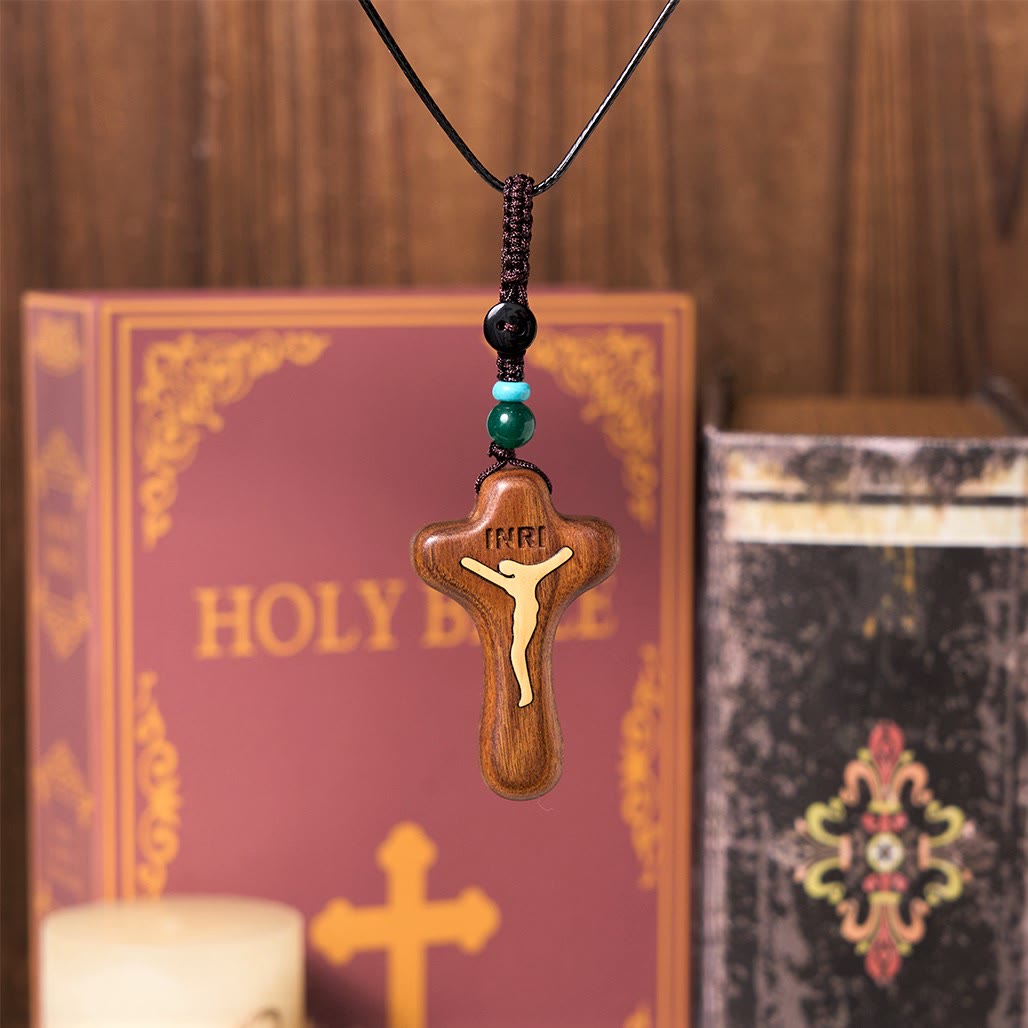 Minimalist Style Sandalwood & Boxwood Jesus Cross Amulet Pendant